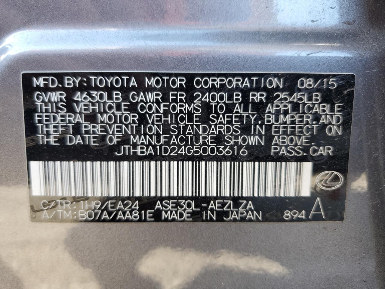 2016 Lexus Is 200T VIN: JTHBA1D24G5003616 Lot: 82349375