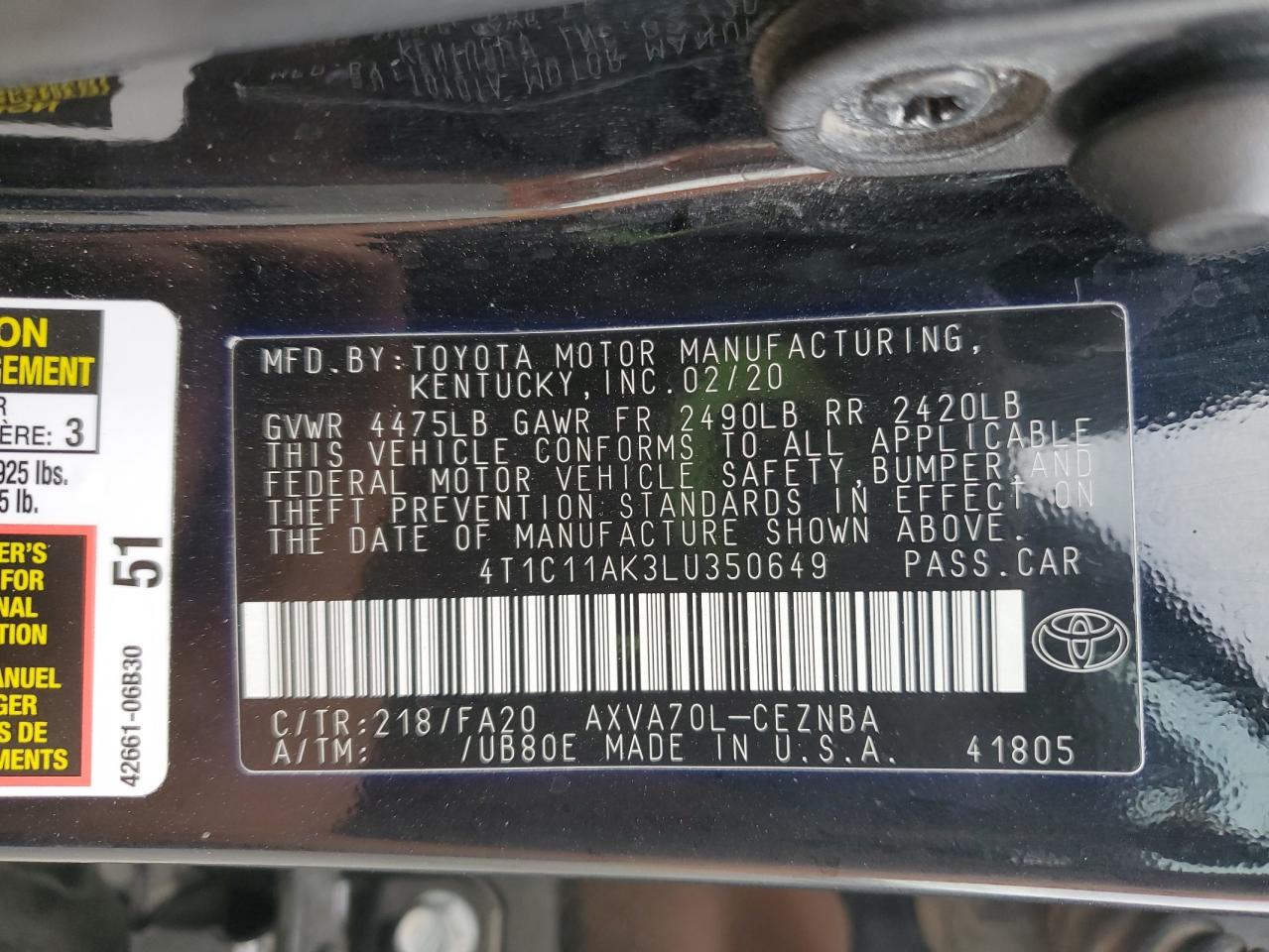 2020 Toyota Camry Le VIN: 4T1C11AK3LU350649 Lot: 82286915