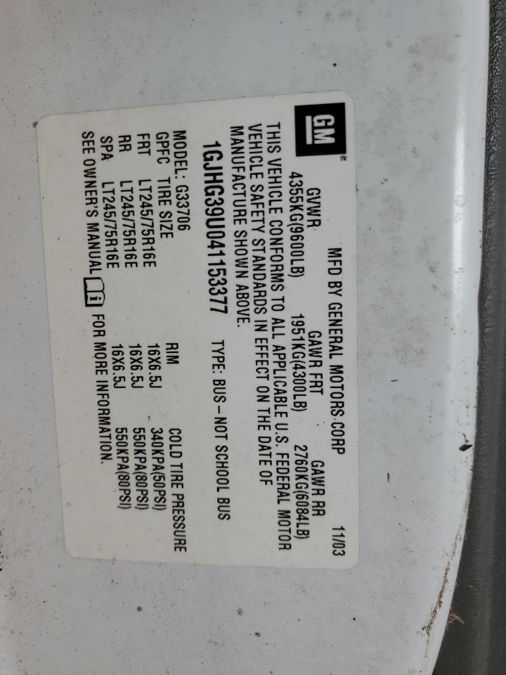 2004 GMC Savana G3500 VIN: 1GJHG39U041153377 Lot: 85652205