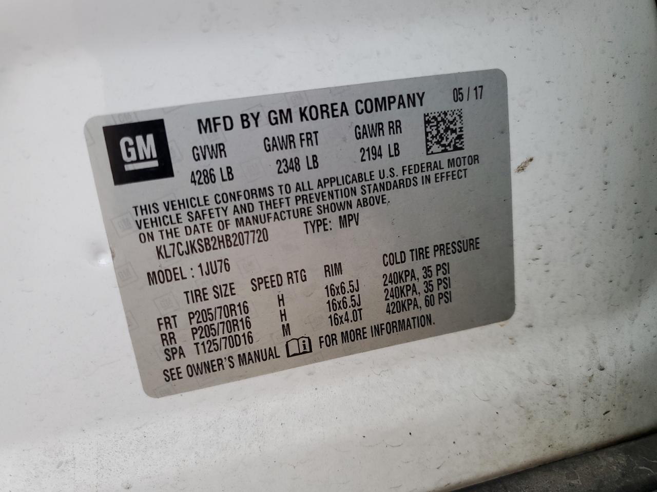 2017 Chevrolet Trax Ls VIN: KL7CJKSB2HB207720 Lot: 85158715