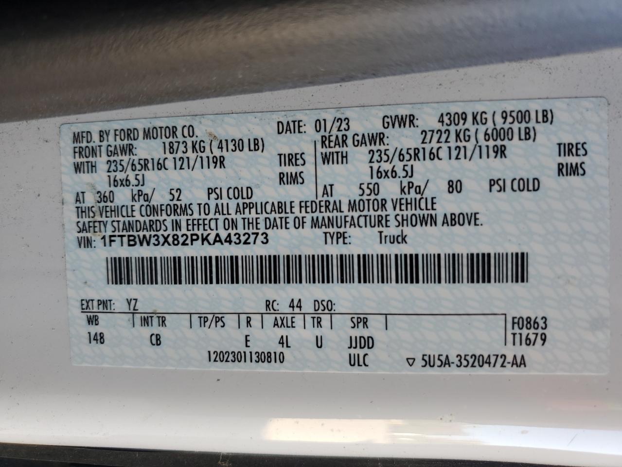 2023 Ford Transit T-350 VIN: 1FTBW3X82PKA43273 Lot: 85907955