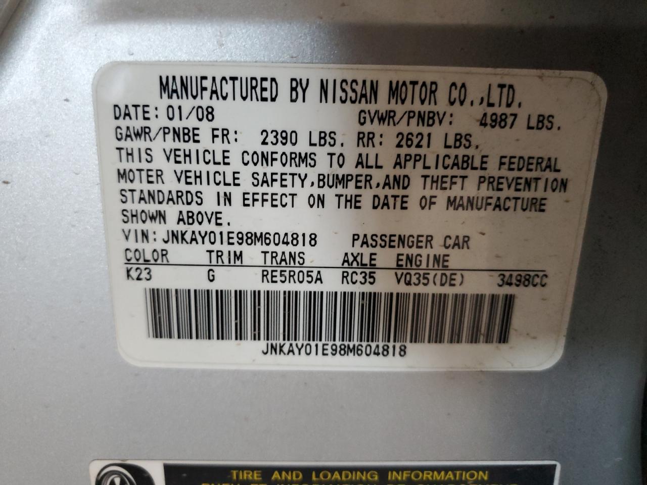 2008 Infiniti M35 Base VIN: JNKAY01E98M604818 Lot: 84709095