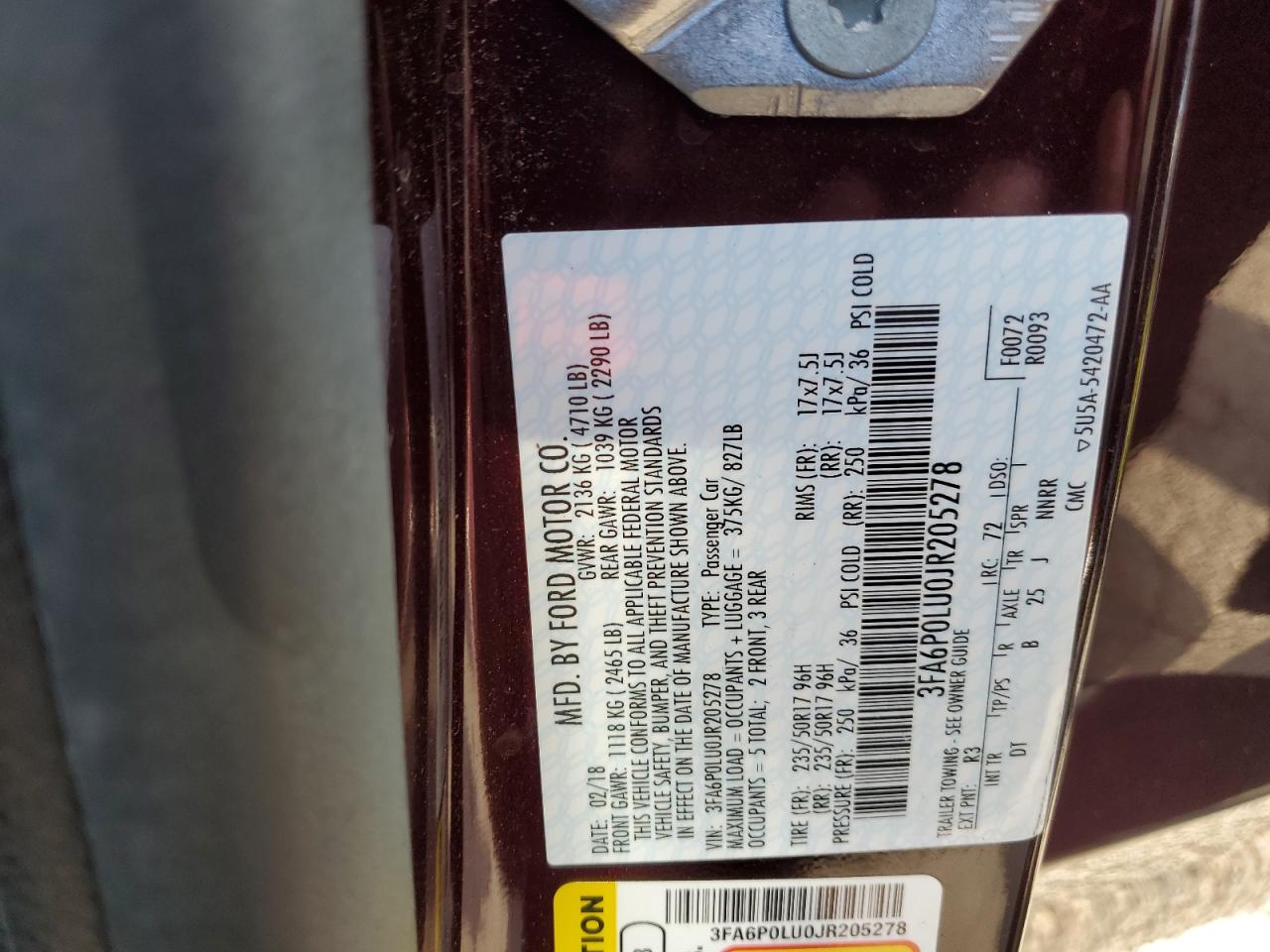 2018 Ford Fusion Se Hybrid VIN: 3FA6P0LU0JR205278 Lot: 87127335