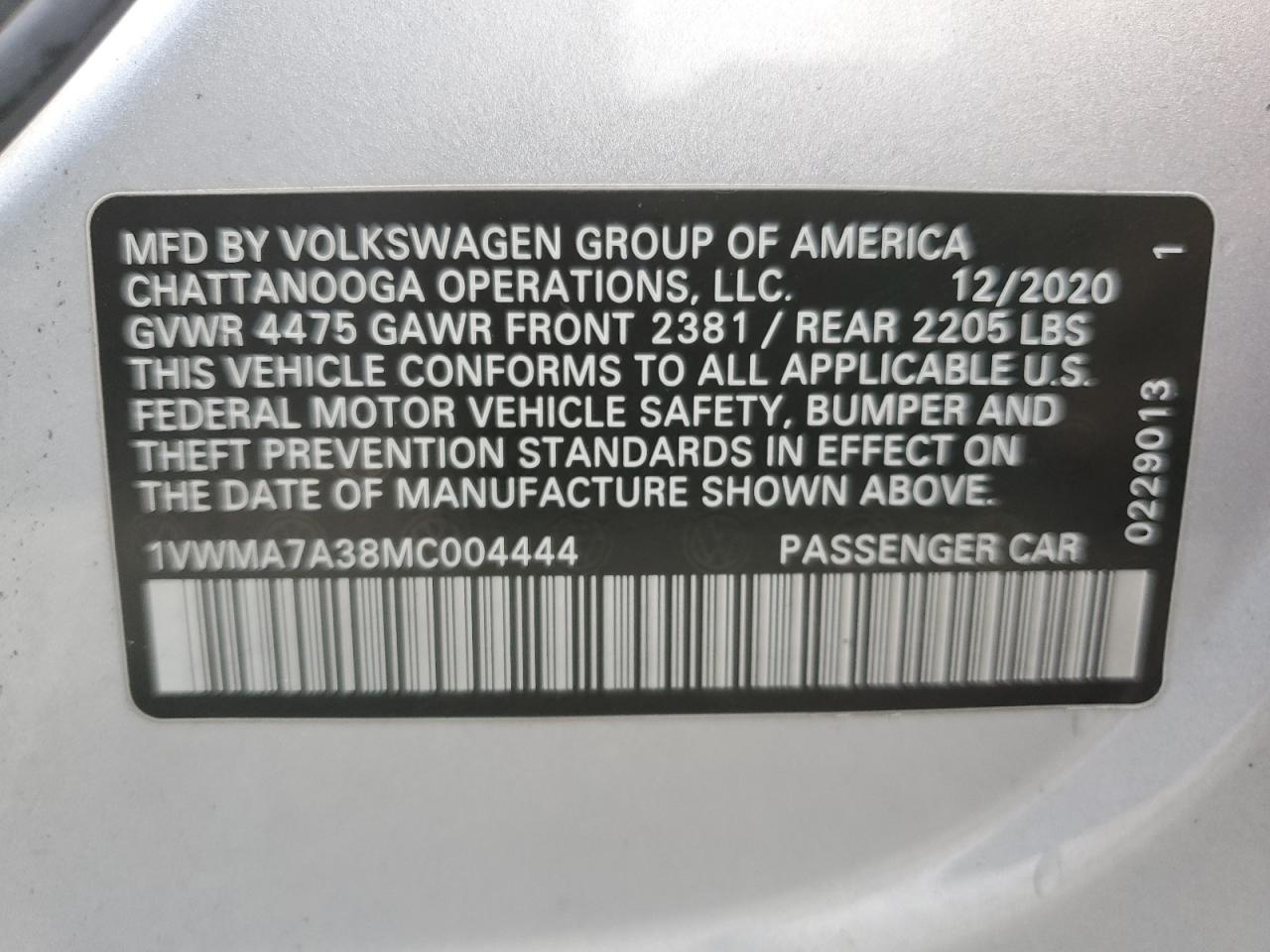 2021 Volkswagen Passat R-Line VIN: 1VWMA7A38MC004444 Lot: 70197625