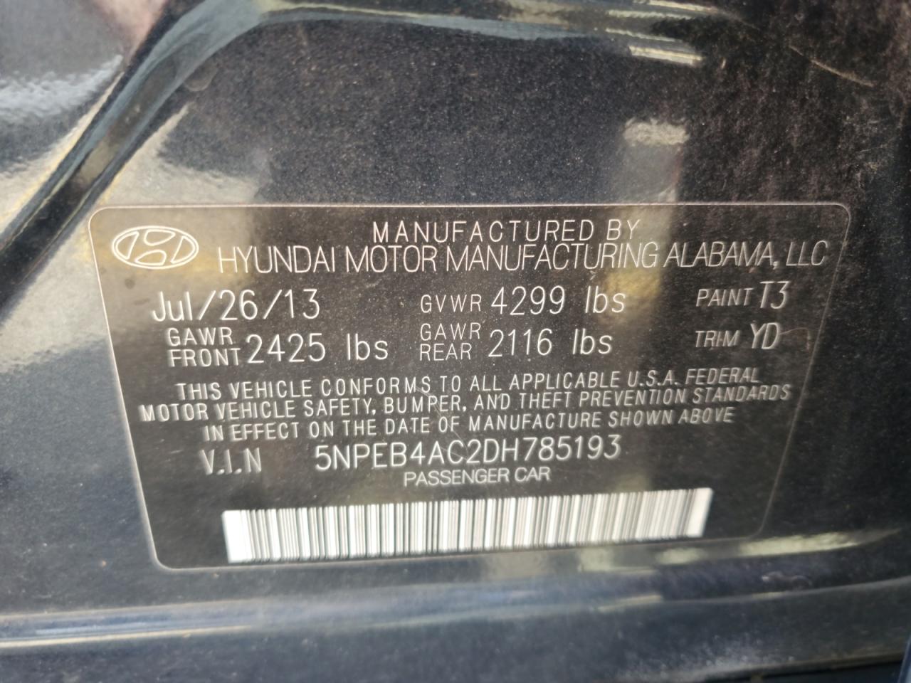 2013 Hyundai Sonata Gls VIN: 5NPEB4AC2DH785193 Lot: 84748775