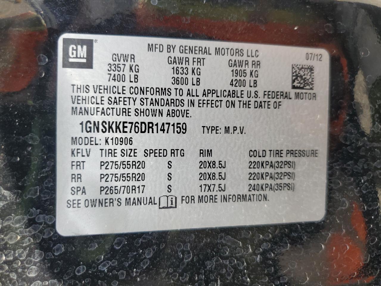 2013 Chevrolet Suburban K1500 Ltz VIN: 1GNSKKE76DR147159 Lot: 85884865