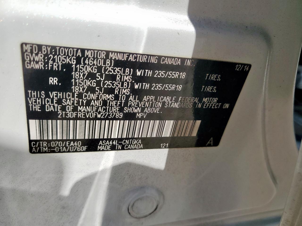 2015 Toyota Rav4 Limited VIN: 2T3DFREV0FW273789 Lot: 82463835