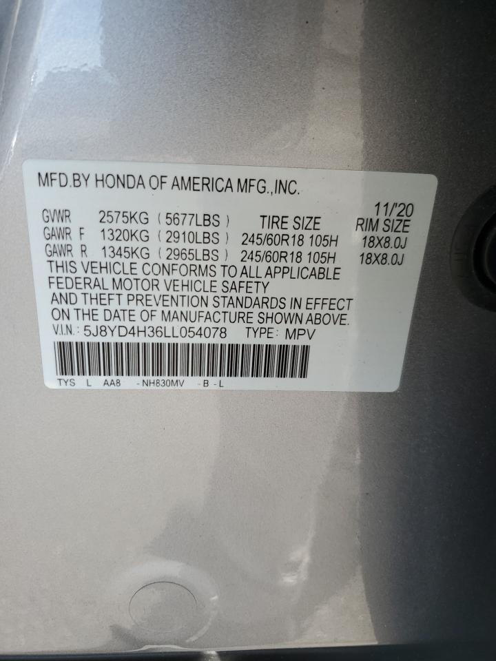 2020 Acura Mdx VIN: 5J8YD4H36LL054078 Lot: 85174845