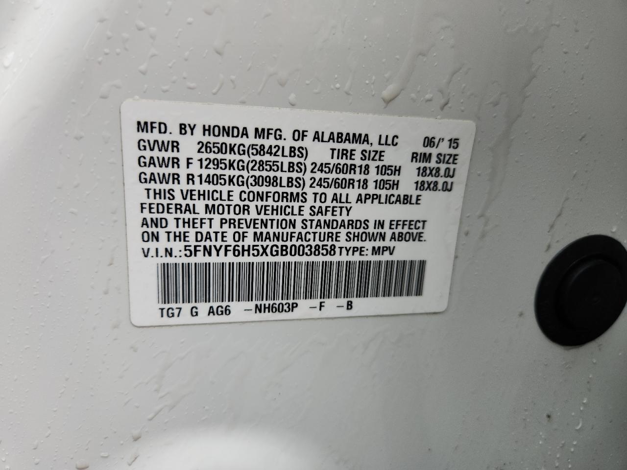 2016 Honda Pilot Exl VIN: 5FNYF6H5XGB003858 Lot: 85551155