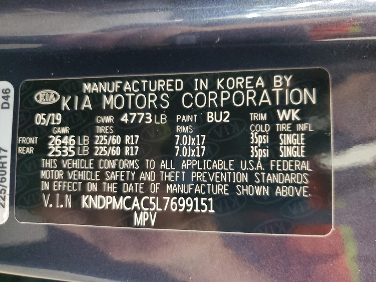 2020 Kia Sportage Lx VIN: KNDPMCAC5L7699151 Lot: 85169365