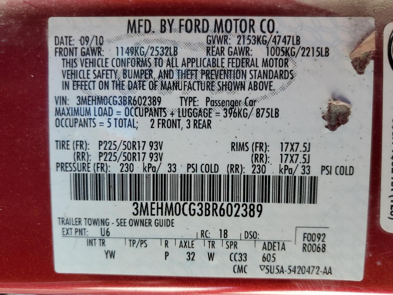 2011 Mercury Milan Premier VIN: 3MEHM0CG3BR602389 Lot: 85297425