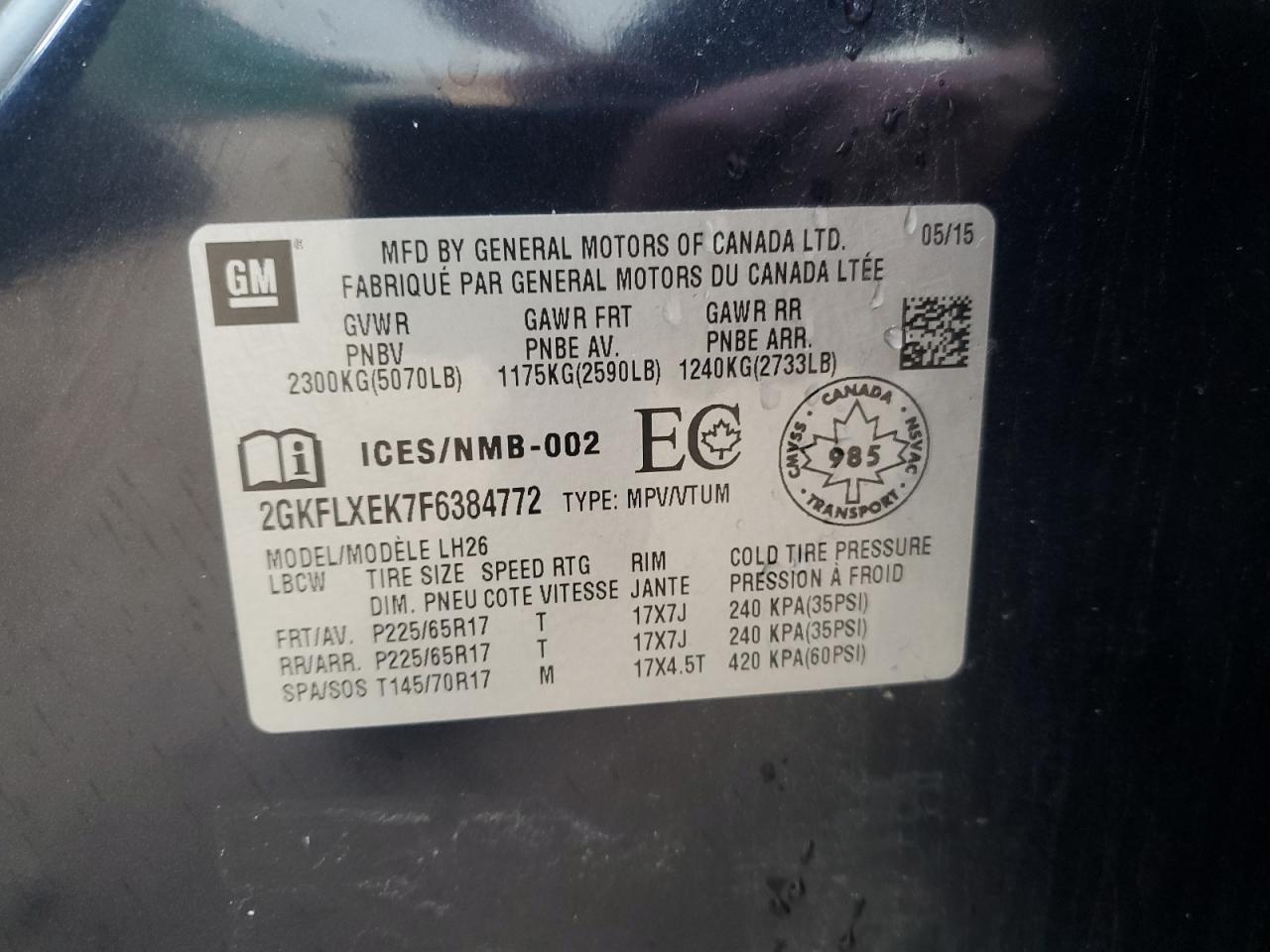 2015 GMC Terrain Slt VIN: 2GKFLXEK7F6384772 Lot: 87285915