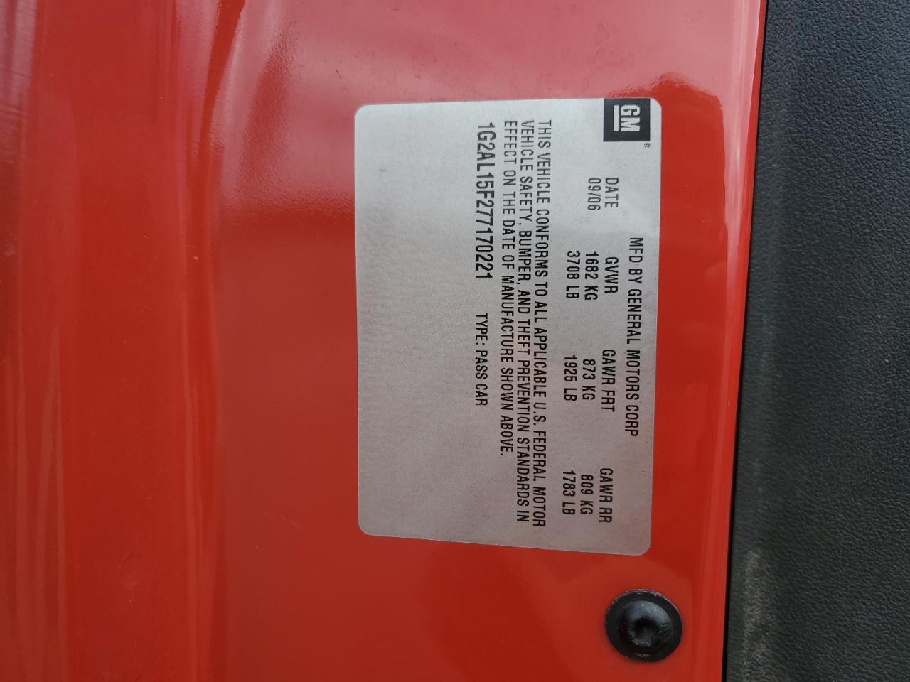 2007 Pontiac G5 VIN: 1G2AL15F277170221 Lot: 82295525