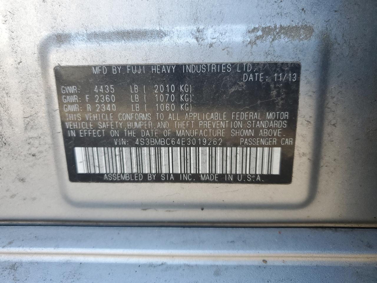 2014 Subaru Legacy 2.5I Premium VIN: 4S3BMBC64E3019262 Lot: 84991645