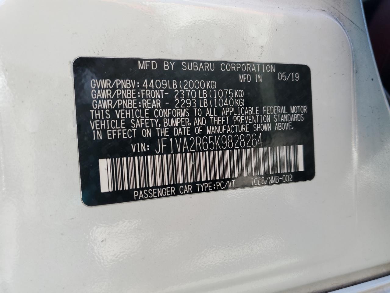 2019 Subaru Wrx Sti VIN: JF1VA2R65K9828264 Lot: 89499985