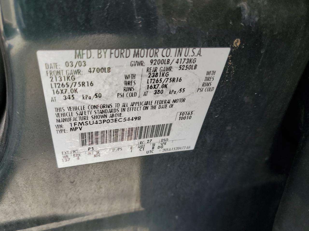 2003 Ford Excursion Limited VIN: 1FMSU43P03EC54498 Lot: 85206285