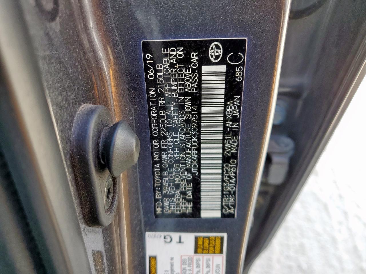 2019 Toyota Prius VIN: JTDKARFU0K3097514 Lot: 86251585