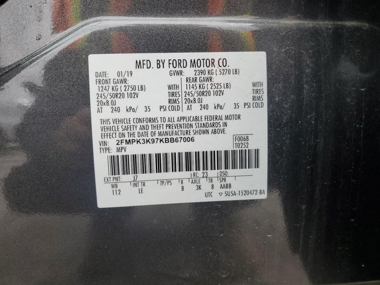 2019 Ford Edge Titanium VIN: 2FMPK3K97KBB67006 Lot: 89907125