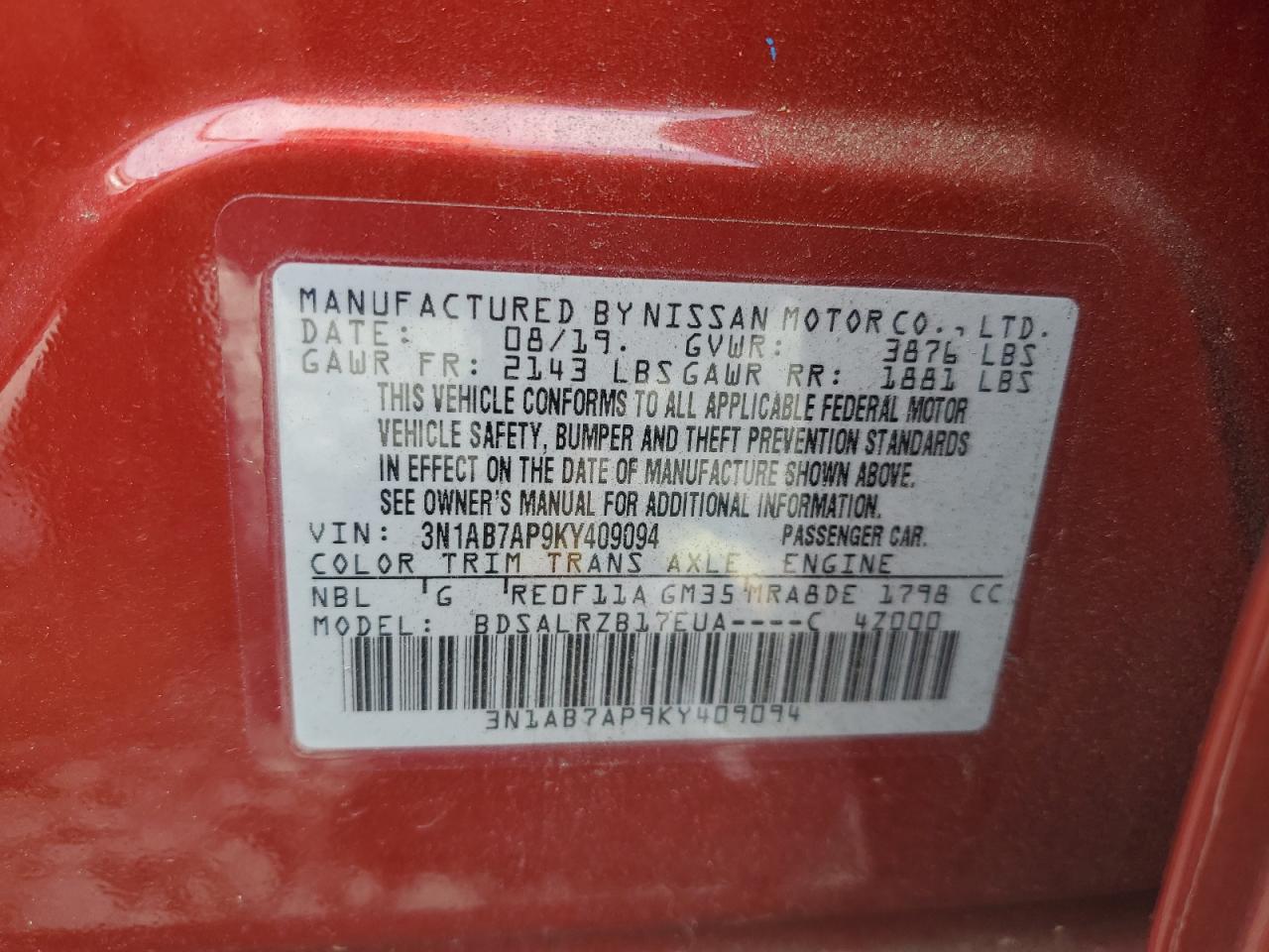 2019 Nissan Sentra S VIN: 3N1AB7AP9KY409094 Lot: 82339275