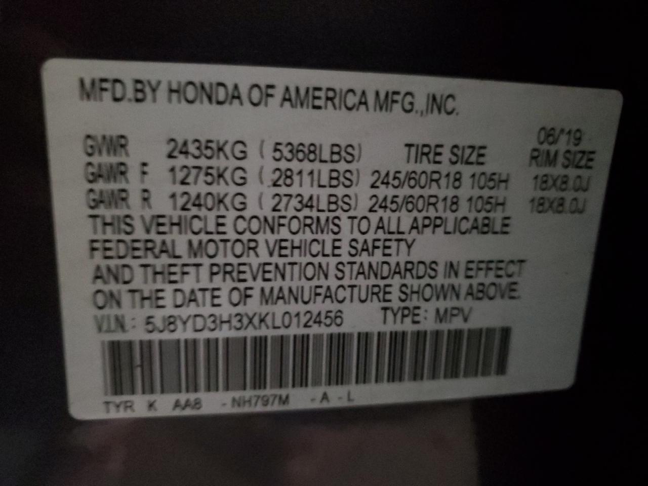 2019 Acura Mdx VIN: 5J8YD3H3XKL012456 Lot: 85507975