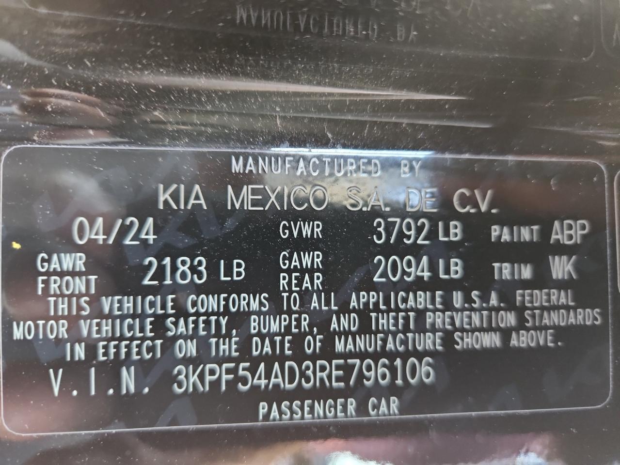 2024 Kia Forte Gt Line VIN: 3KPF54AD3RE796106 Lot: 82599675