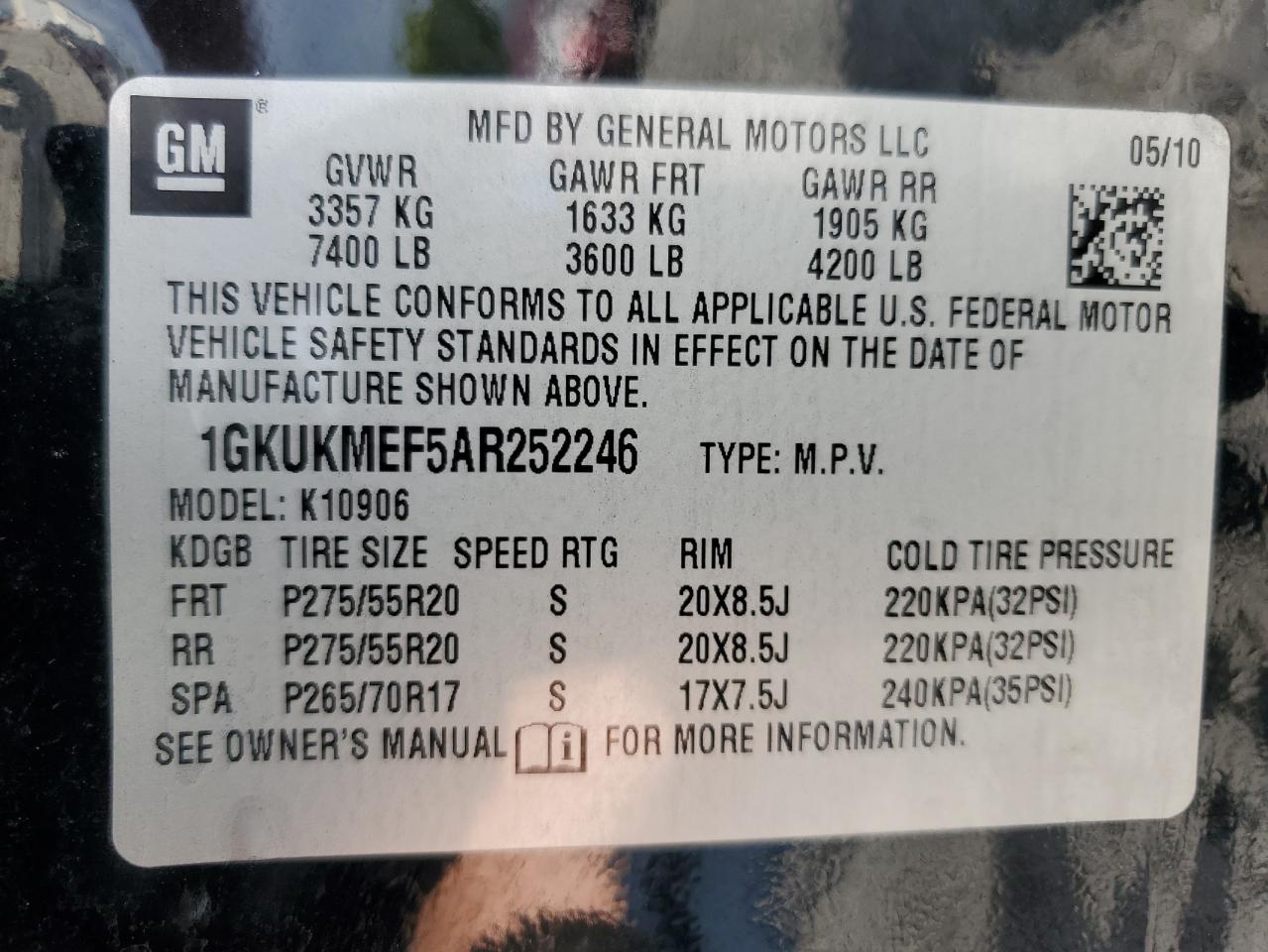 2010 GMC Yukon Xl Denali VIN: 1GKUKMEF5AR252246 Lot: 82040435