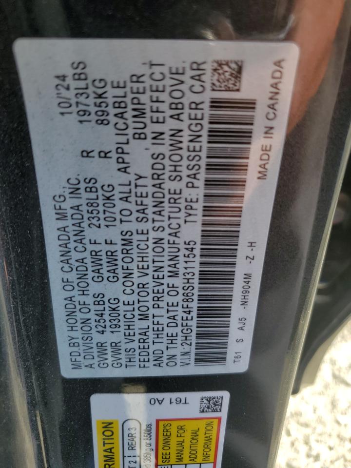 2025 Honda Civic Sport VIN: 2HGFE4F86SH311545 Lot: 82250005