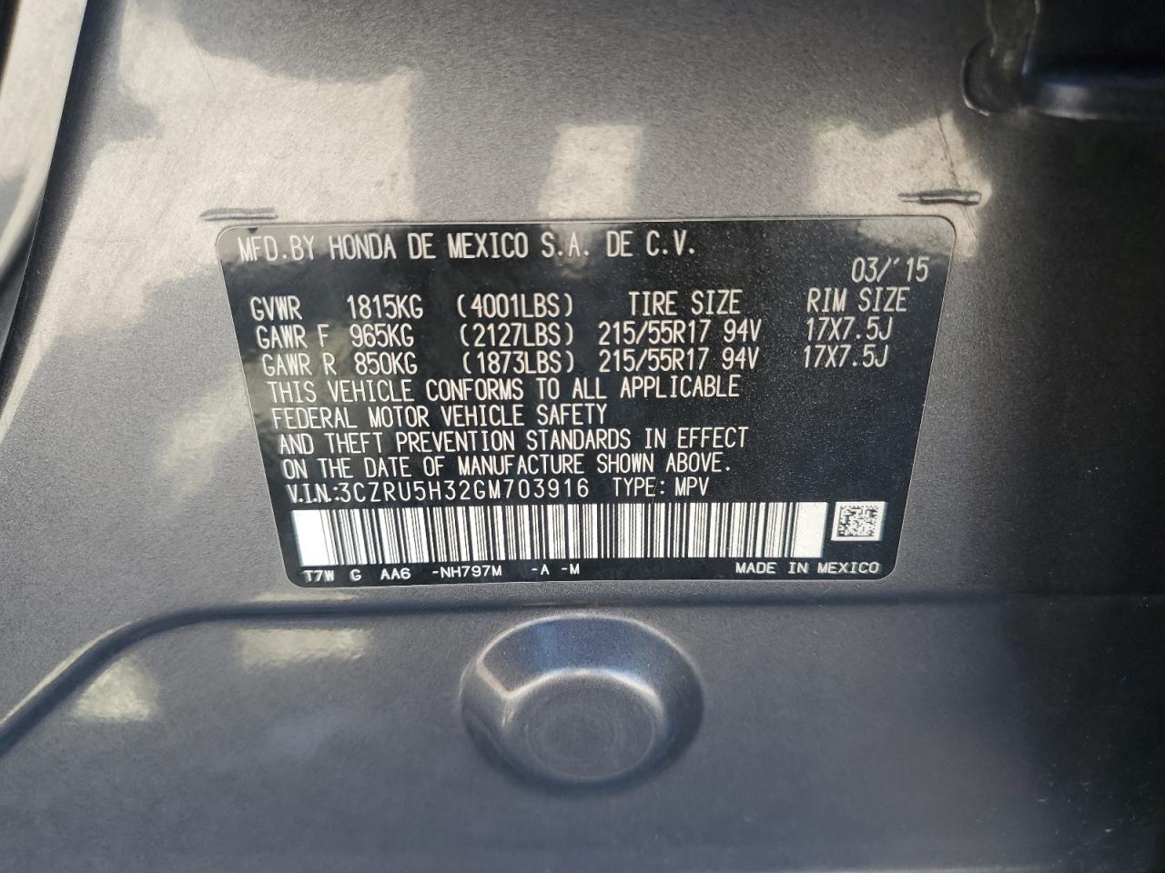 2016 Honda Hr-V Lx VIN: 3CZRU5H32GM703916 Lot: 86299725