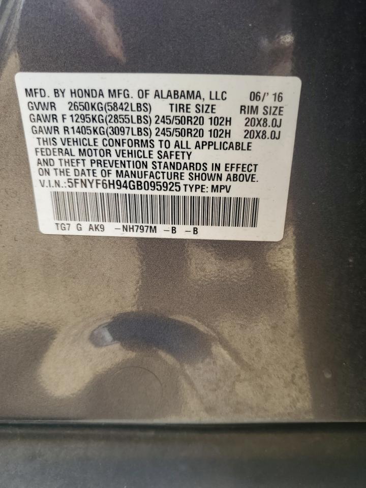 2016 Honda Pilot Touring VIN: 5FNYF6H94GB095925 Lot: 82069105