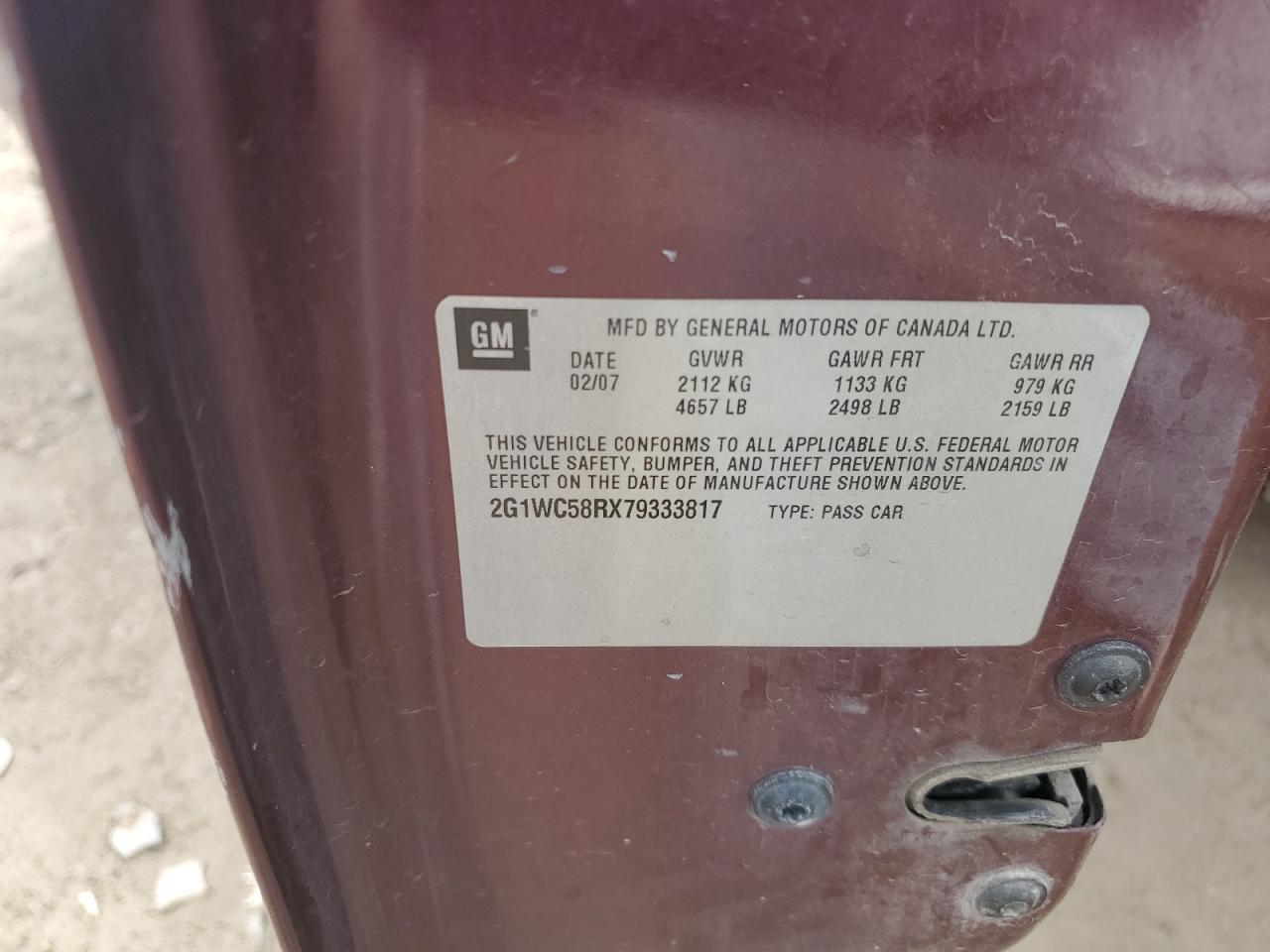 2007 Chevrolet Impala Lt VIN: 2G1WC58RX79333817 Lot: 84899455