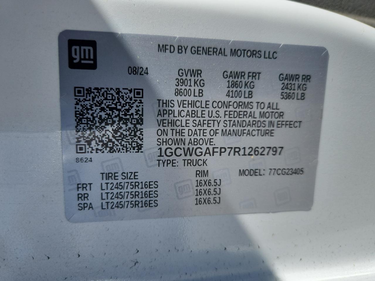 2024 Chevrolet Express G2500 Van VIN: 1GCWGAFP7R1262797 Lot: 87202755