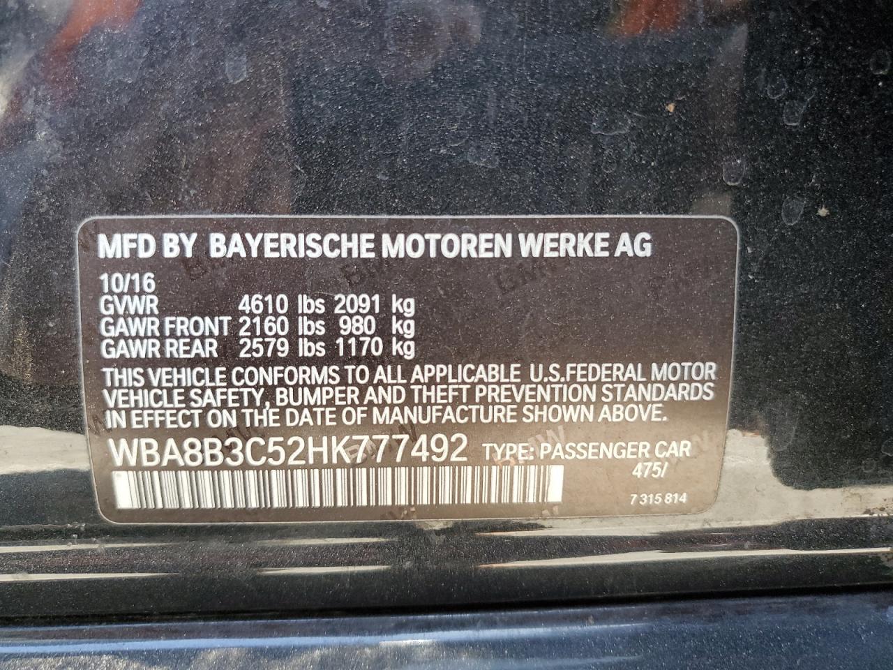 2017 BMW 340 I VIN: WBA8B3C52HK777492 Lot: 84987995