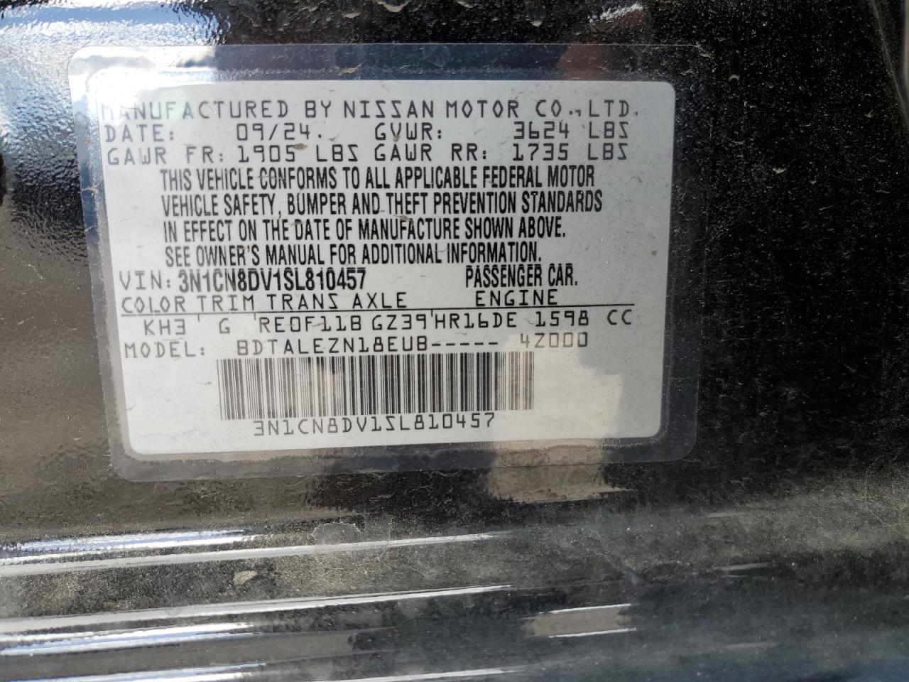 2025 Nissan Versa S VIN: 3N1CN8DV1SL810457 Lot: 85894655