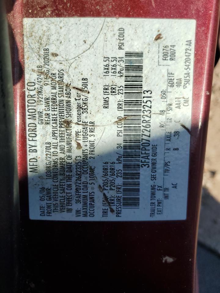 2006 Ford Fusion Se VIN: 3FAFP07Z26R232513 Lot: 86771315