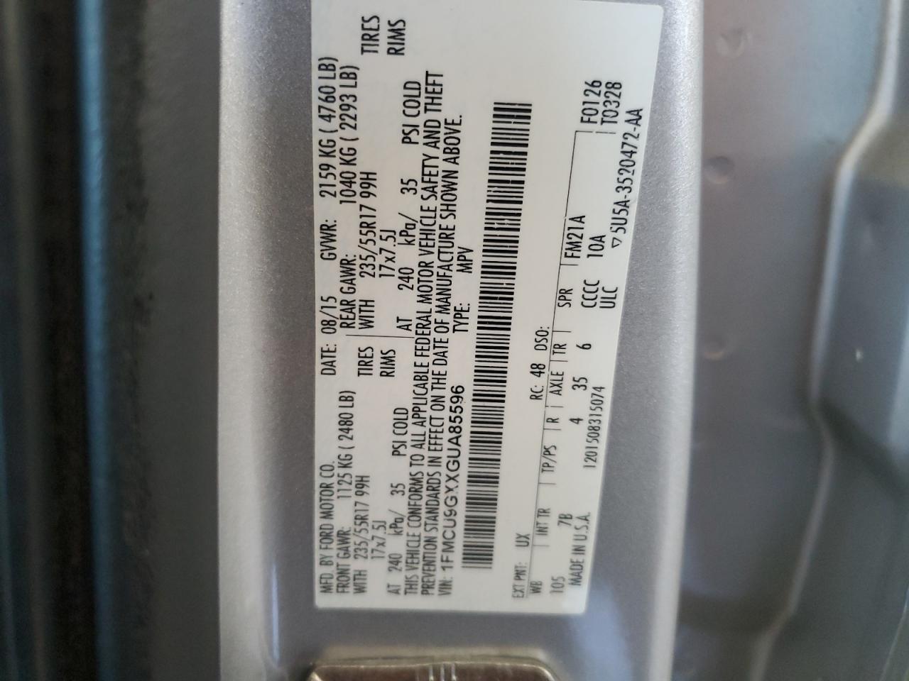 2016 Ford Escape Se VIN: 1FMCU9GXXGUA85596 Lot: 81211345