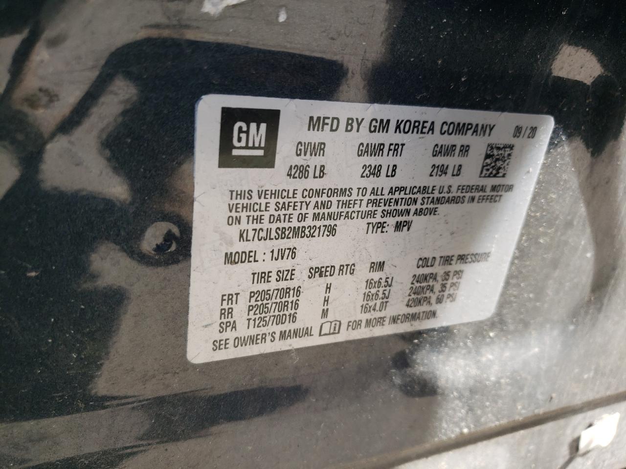 2021 Chevrolet Trax 1Lt VIN: KL7CJLSB2MB321796 Lot: 84444755