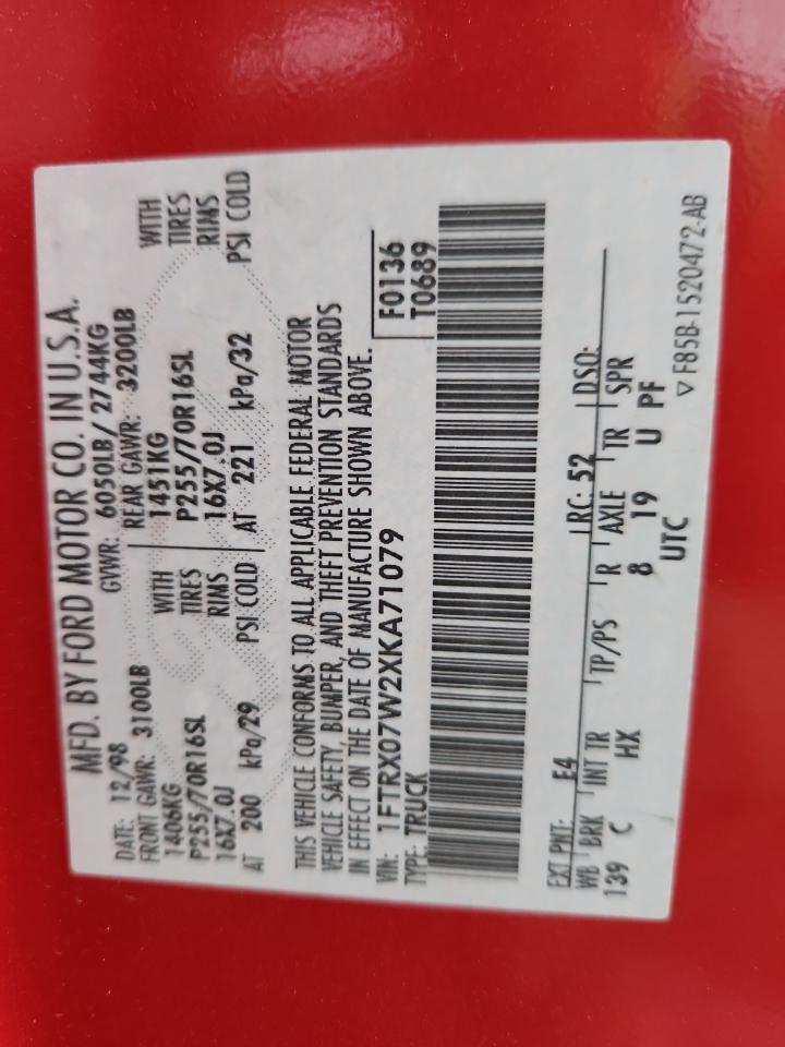 1999 Ford F150 VIN: 1FTRX07W2XKA71079 Lot: 86897465