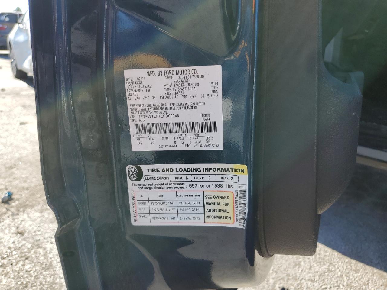 2014 Ford F150 Supercrew VIN: 1FTFW1EF7EFB00046 Lot: 85904095