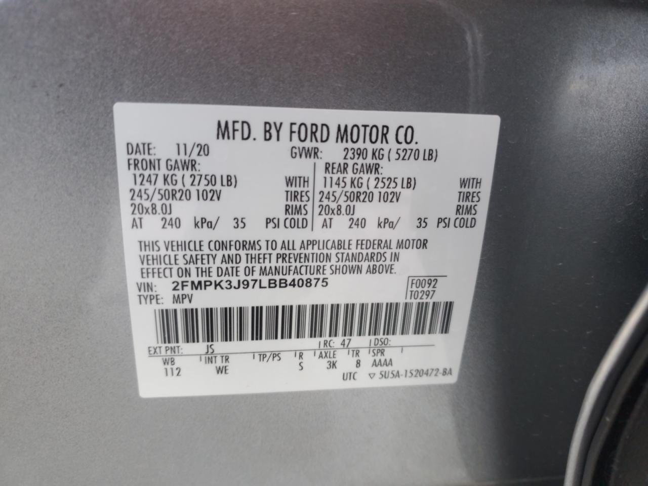 2020 Ford Edge Sel VIN: 2FMPK3J97LBB40875 Lot: 87022175