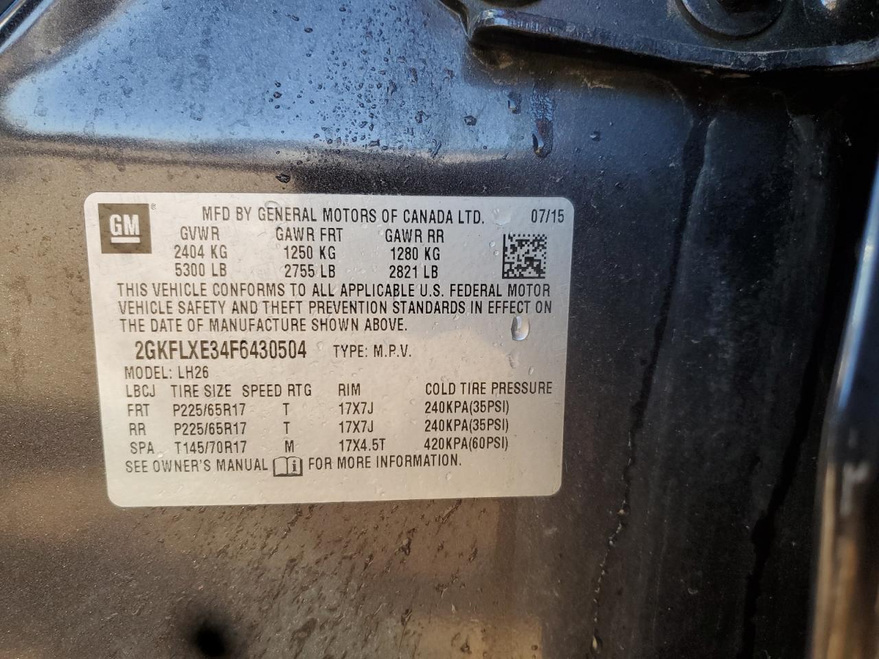 2015 GMC Terrain Slt VIN: 2GKFLXE34F6430504 Lot: 85556465