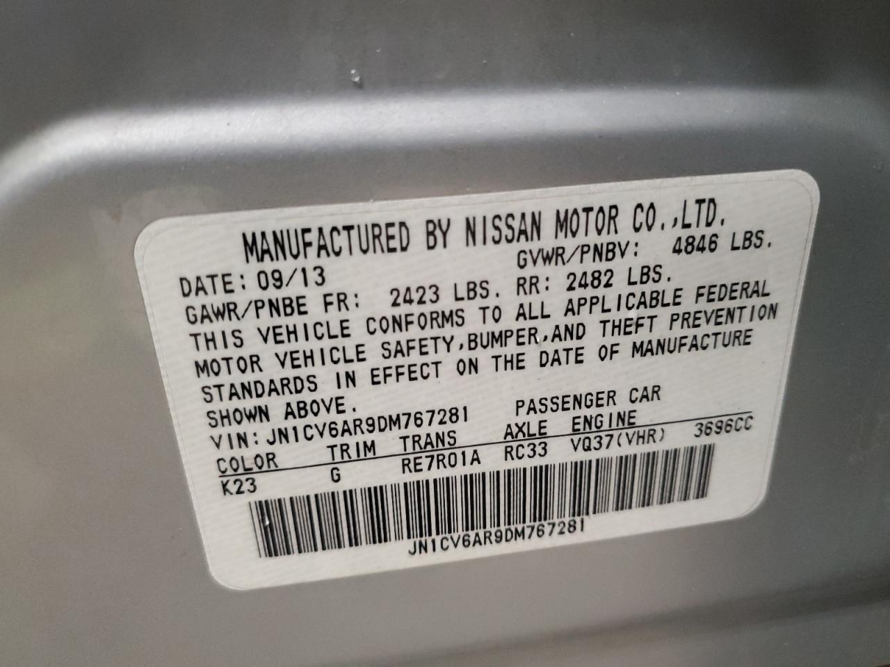 2013 Infiniti G37 VIN: JN1CV6AR9DM767281 Lot: 89523705