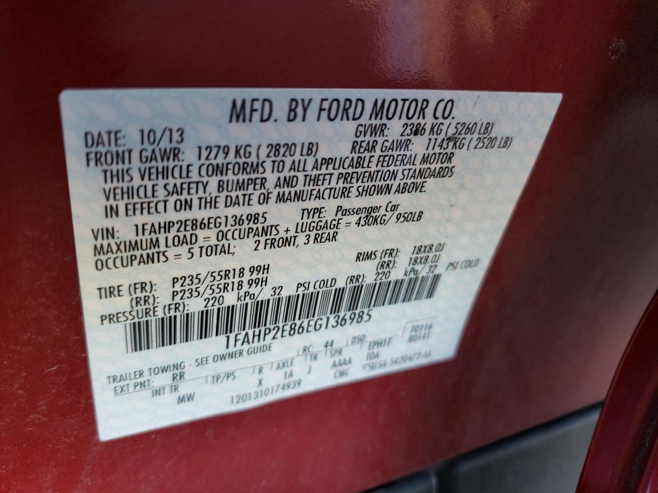 2014 Ford Taurus Sel VIN: 1FAHP2E86EG136985 Lot: 82436385