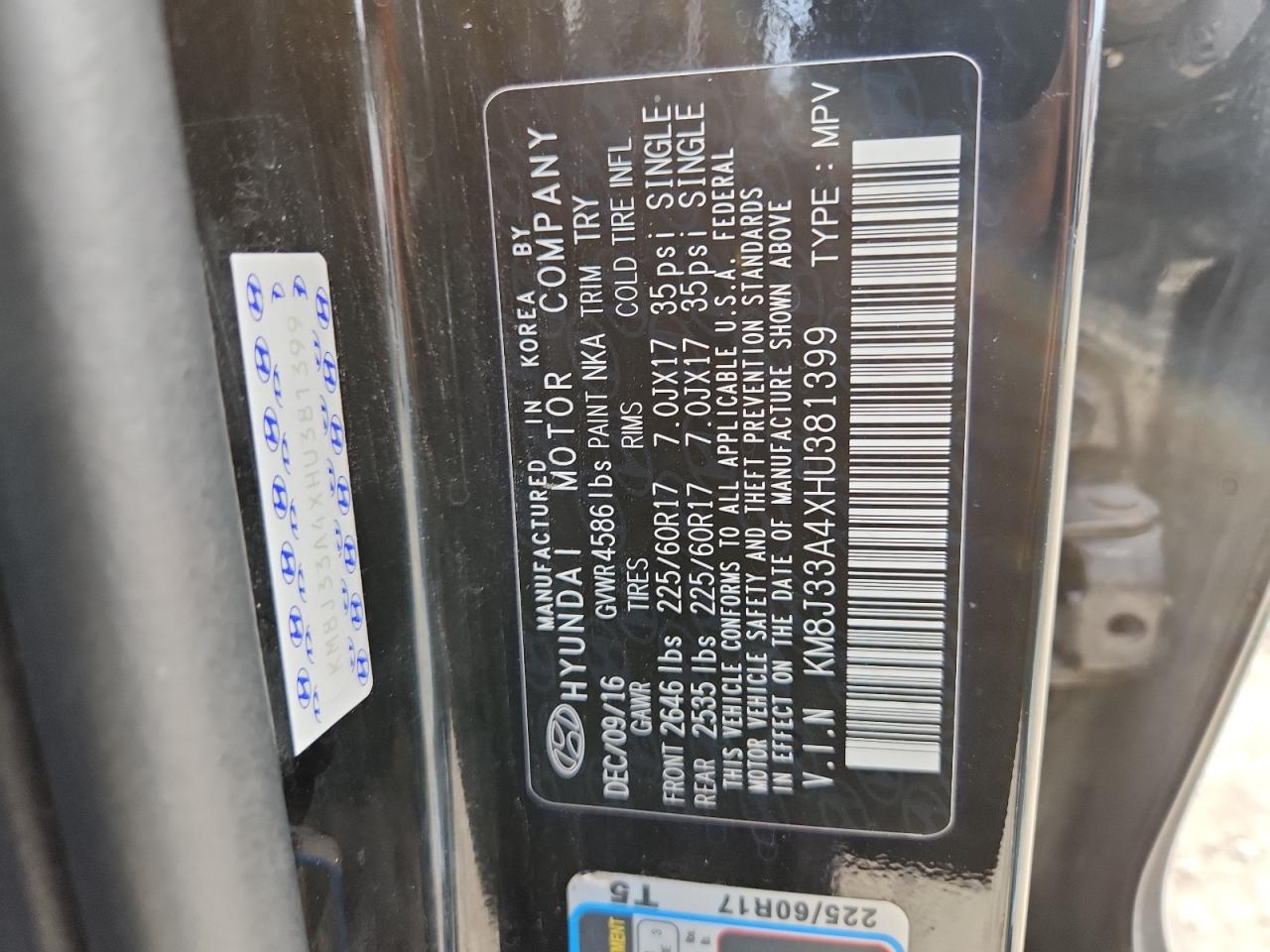 2017 Hyundai Tucson Limited VIN: KM8J33A4XHU381399 Lot: 82650635