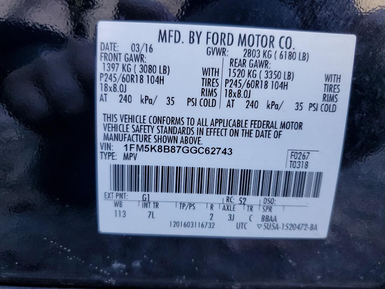 2016 Ford Explorer VIN: 1FM5K8B87GGC62743 Lot: 85343675