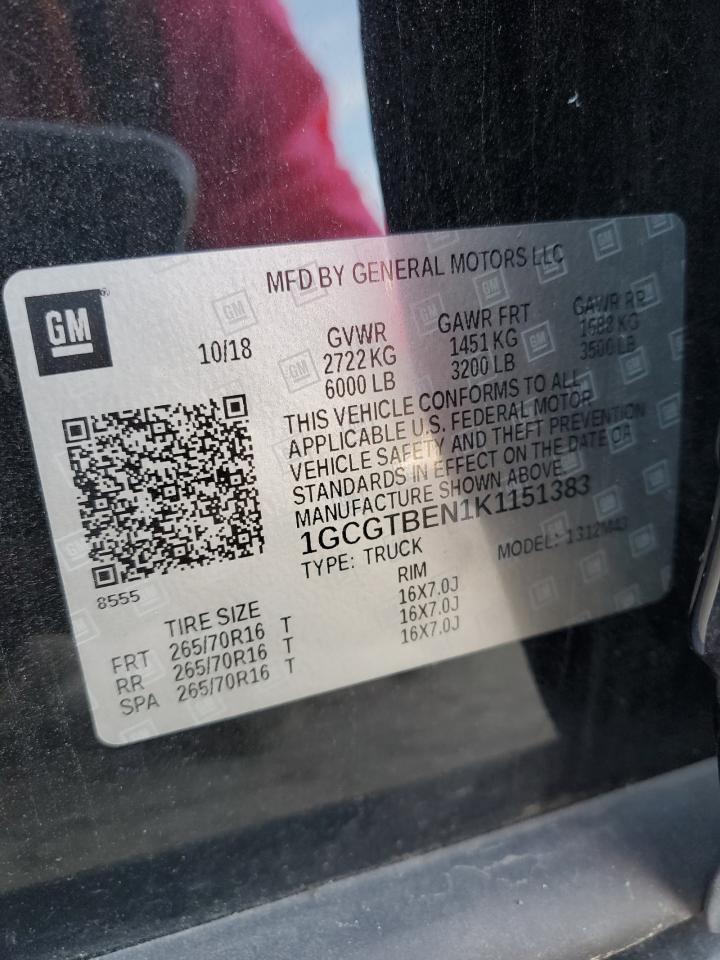 2019 Chevrolet Colorado VIN: 1GCGTBEN1K1151383 Lot: 84611885