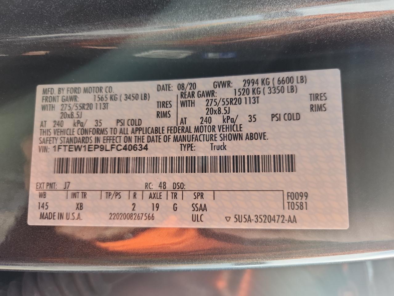 2020 Ford F150 Supercrew VIN: 1FTEW1EP9LFC40634 Lot: 86432125