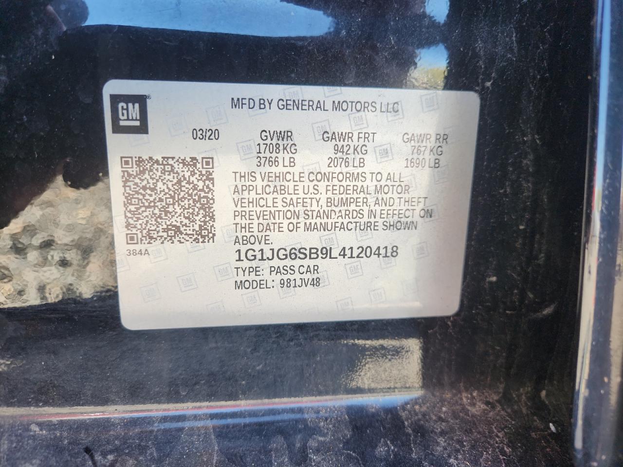 2020 Chevrolet Sonic VIN: 1G1JG6SB9L4120418 Lot: 85906745