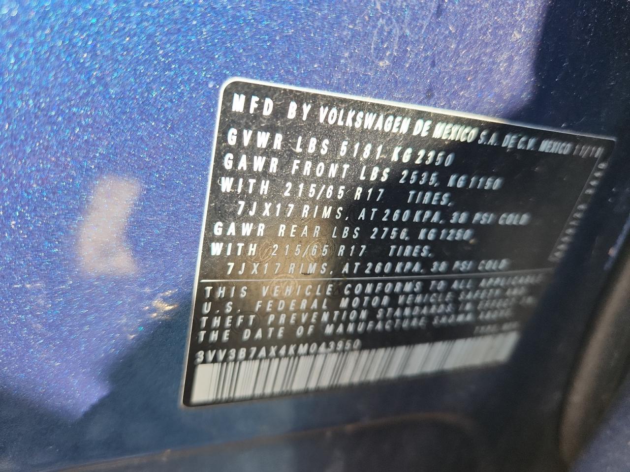 2019 Volkswagen Tiguan Se VIN: 3VV3B7AX4KM043950 Lot: 84763775