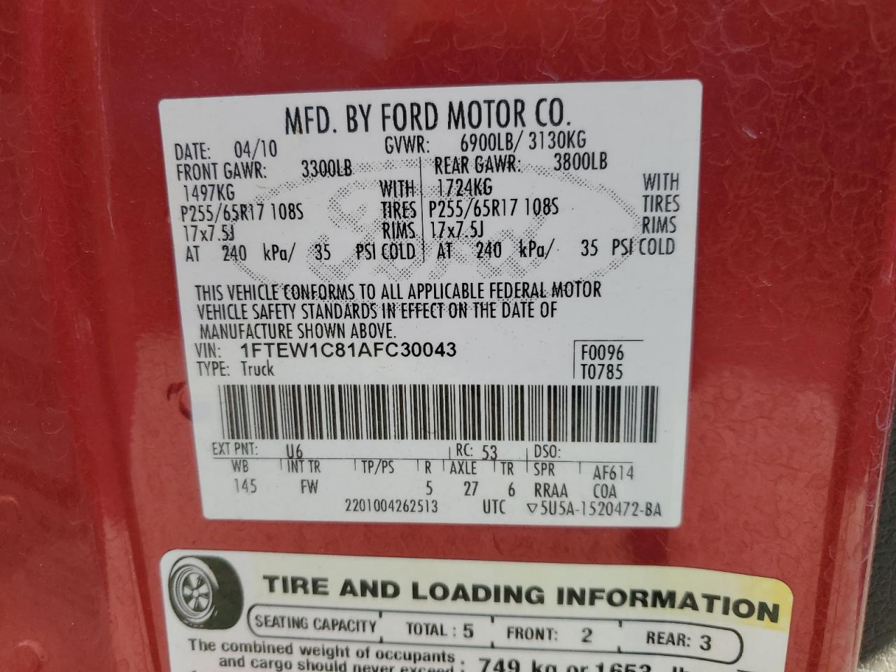 2010 Ford F150 Supercrew VIN: 1FTEW1C81AFC30043 Lot: 90077135