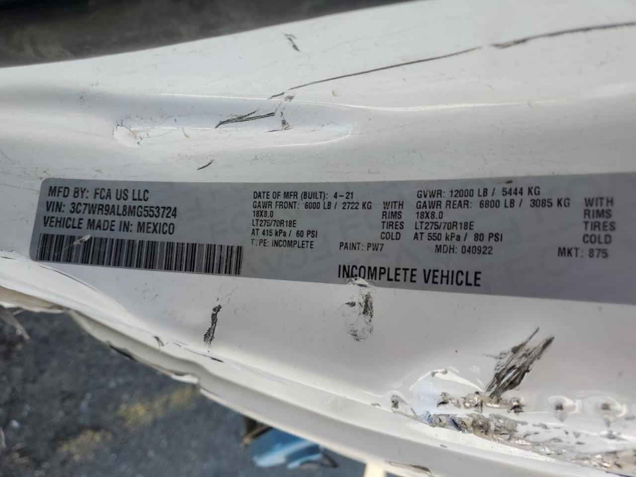 2021 Ram 35004X4 Ram 3500 Sl VIN: 3C7WR9AL8MG553724 Lot: 85188745
